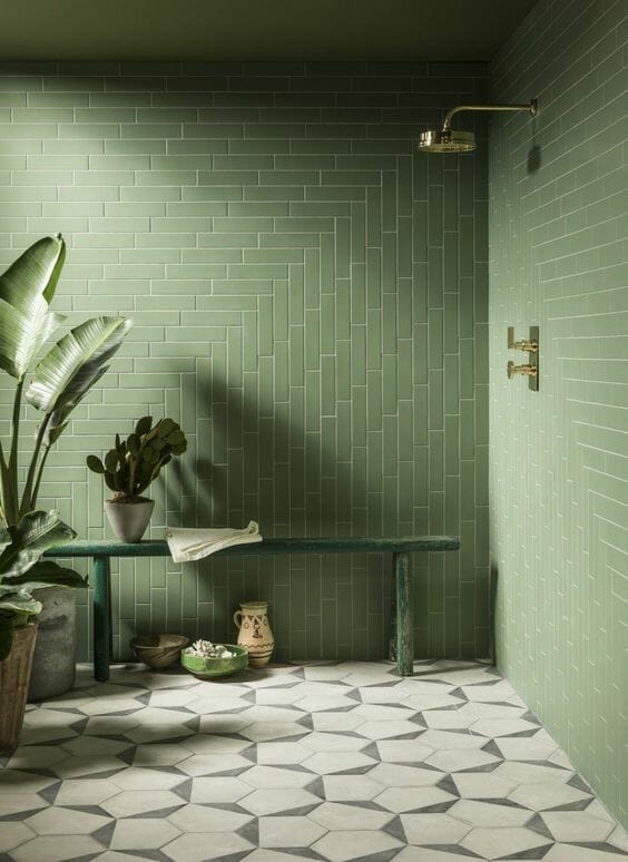 Green subway tile bathroom