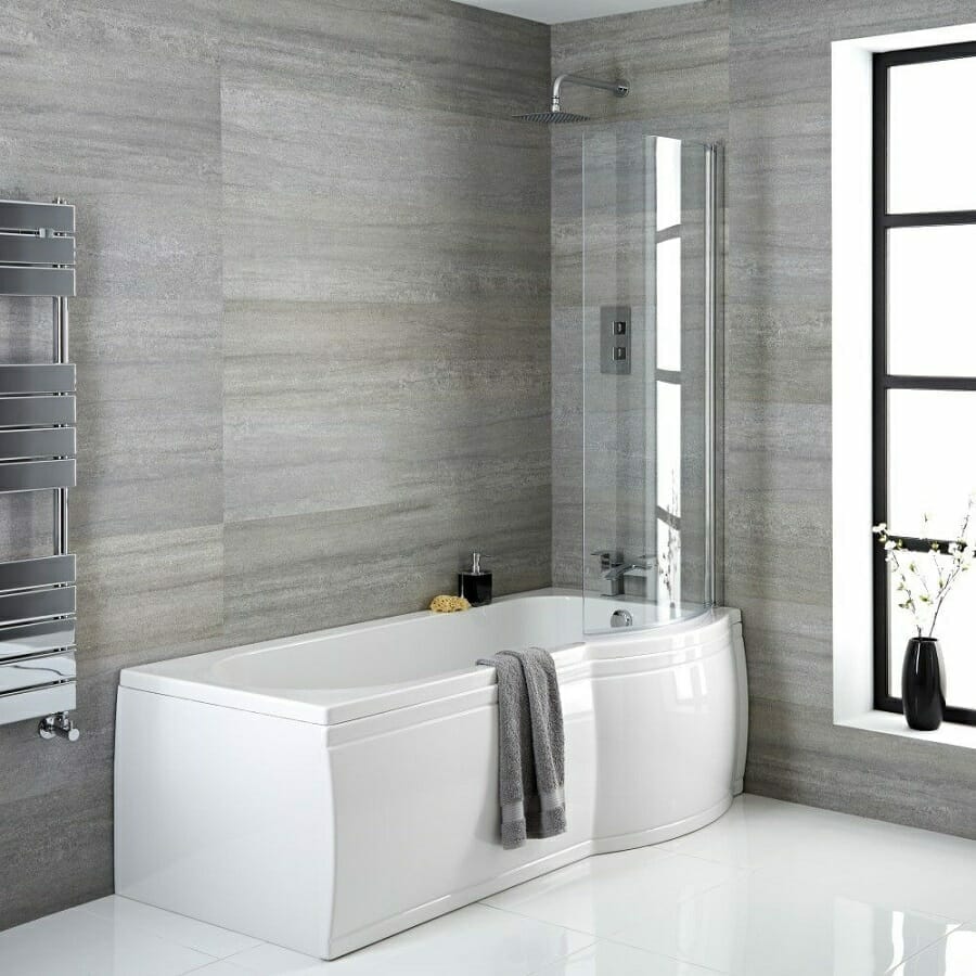 Milano Newby Right Hand P-Shape Shower Bath w/ Panels, Screen & Waste