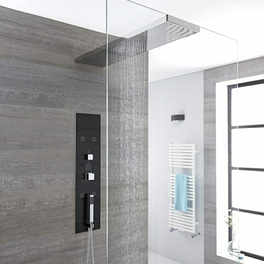 Milano Lisse Modern Concealed Shower Tower Panel w/ Glass Grabbing Shower Head, Hand Shower & Body Jets