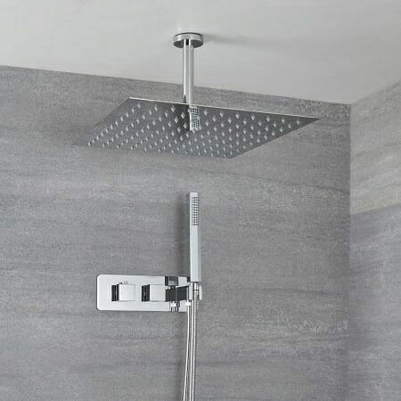 Milano Arvo Chrome Thermostatic Shower w/ Diverter, Ceiling Mounted Shower Head & Hand Shower